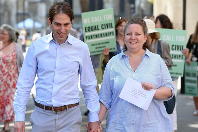 Charles Keidan and Rebecca Steinfeld outside the Supreme Court in June
