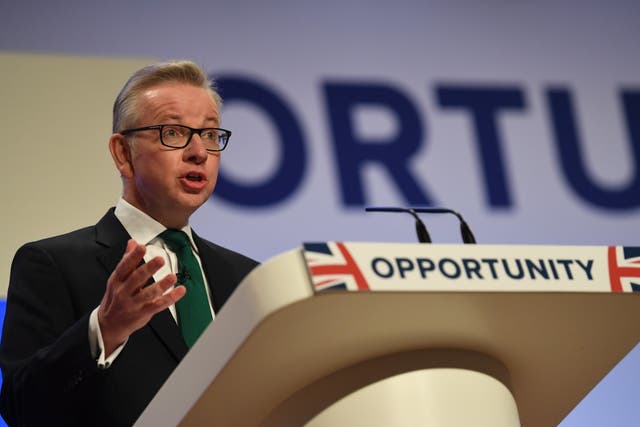 Michael Gove delivers his speech on the second day of the Conservative Party Conference in Birmingham