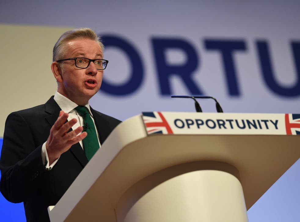 Michael Gove delivers his speech on the second day of the Conservative Party Conference in Birmingham