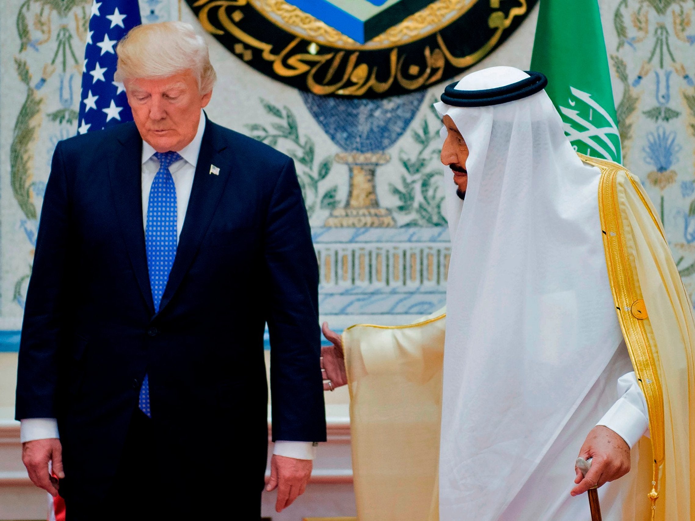 King Salman bin Abdulaziz al-Saud and Donald Trump arriving for a meeting with leaders of the Gulf Cooperation Council in Riyadh on 21 May 2017