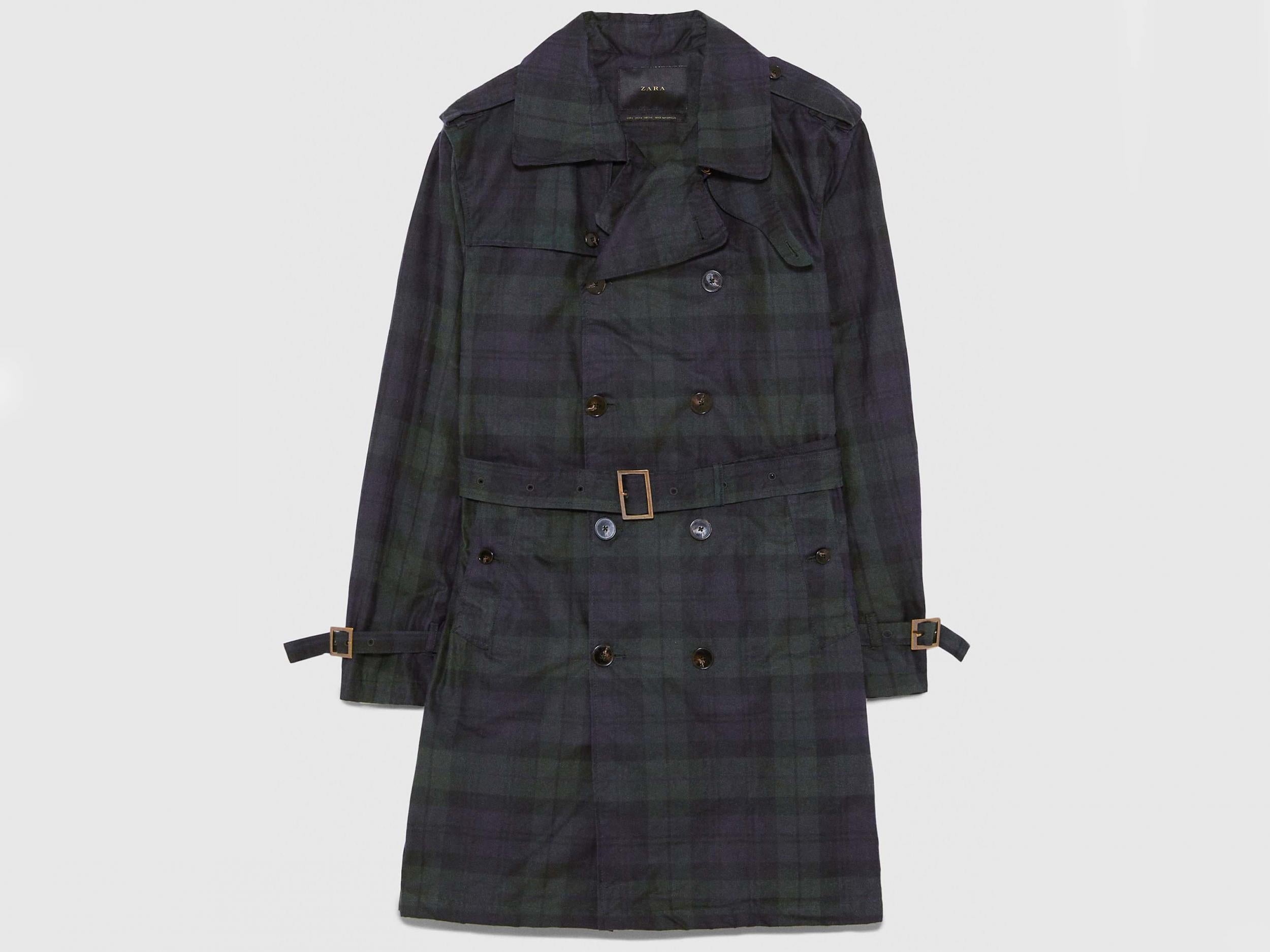 Waxed check trench coat, £149, Zara