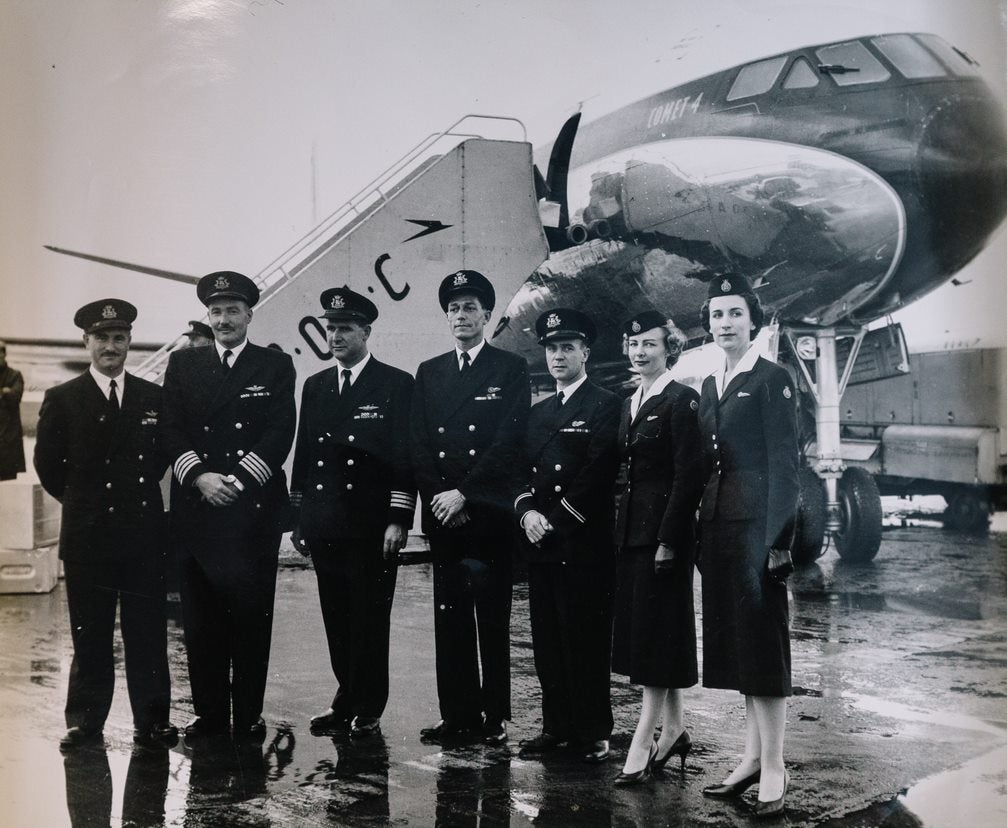 The crew of the first transatlantic jet flight, including cabin crew member Peggy Thorne