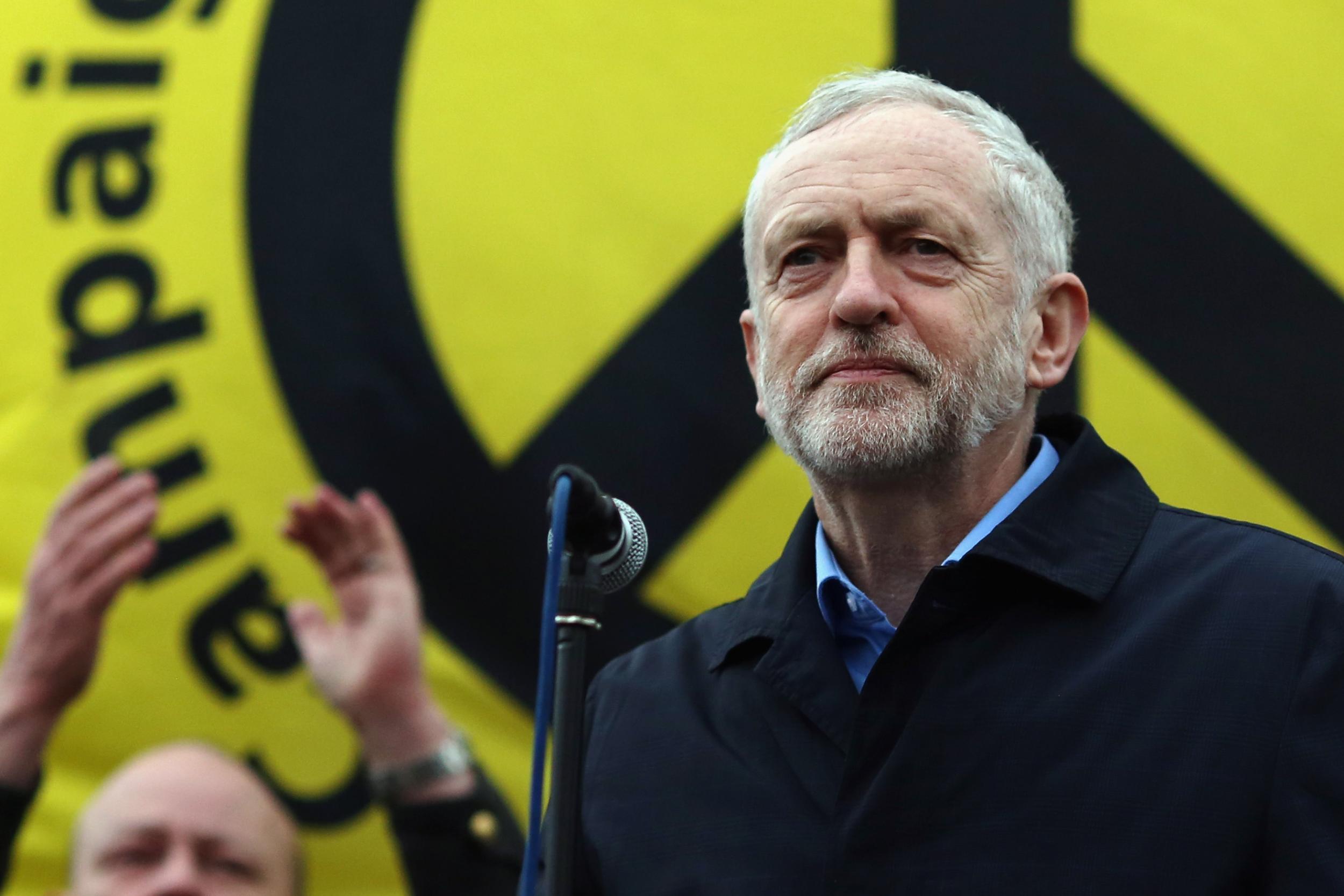Jeremy Corbyn speaks to the crowds from Trafalgar Square after a 'Stop Trident' march though central London on February 2016