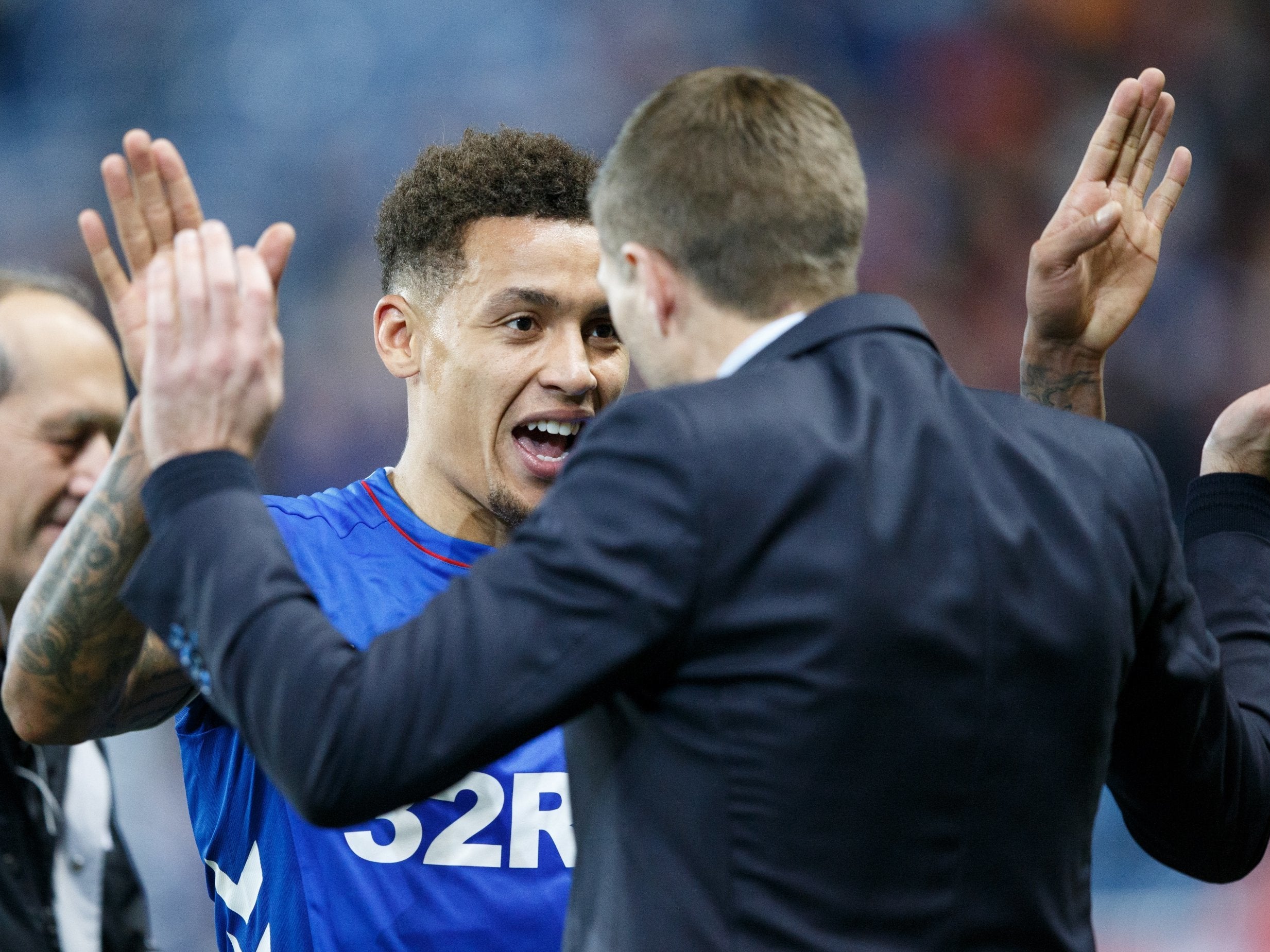 James Tavernier celebrates with Steven Gerrard after Rangers' 3-1 victory