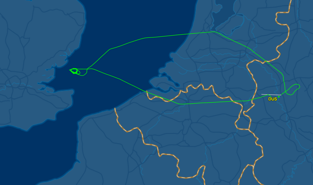Going nowhere: Flightpath of Flybe flight BE1400 from Dusseldorf to London City, which returned to its departure airport