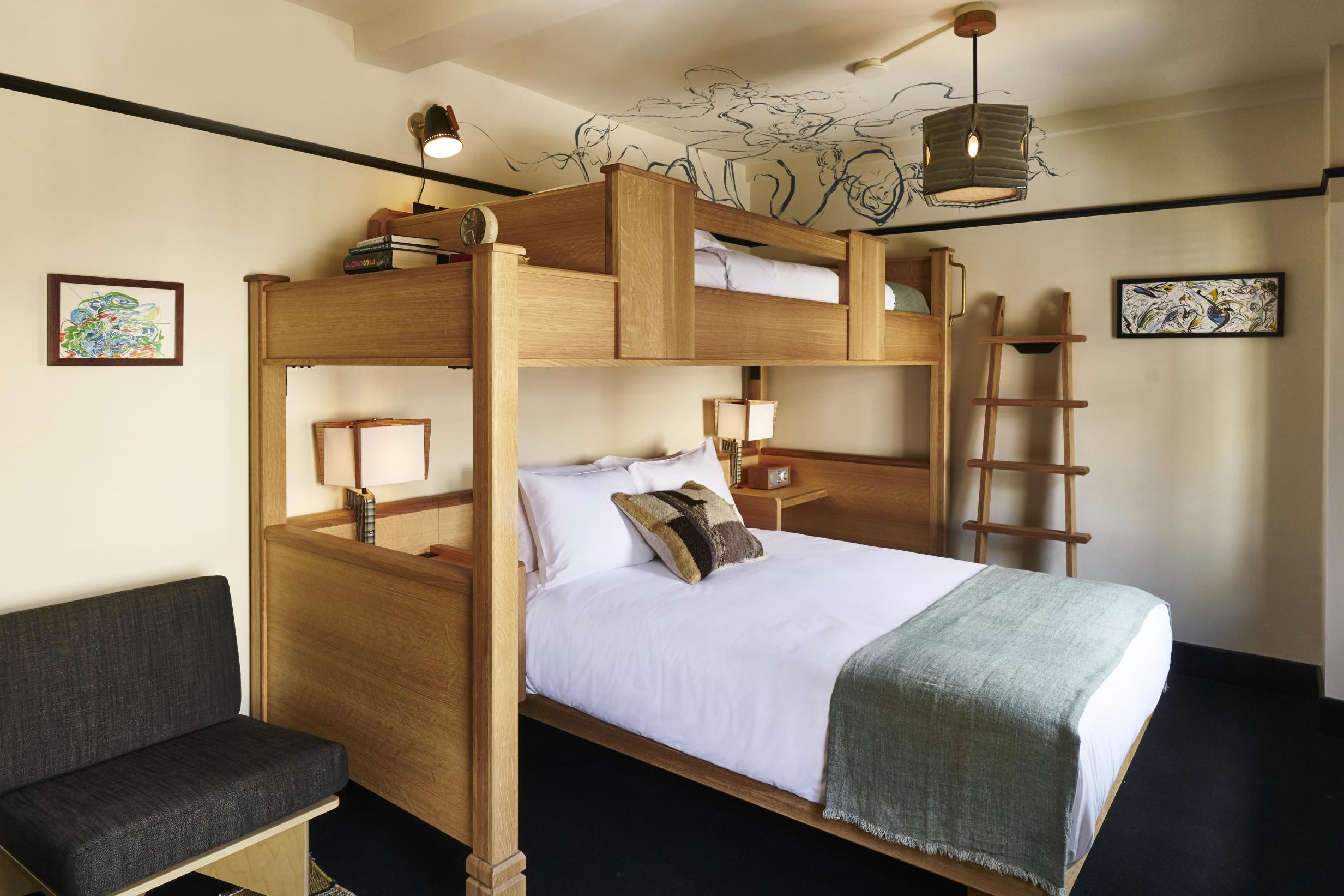 The Three's Company room at Freehand: a single bunk above a double-bed