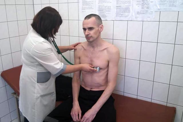 An emaciated Sentsov undergoes a medical examination at a state hospital in Labytnangi on 28 September