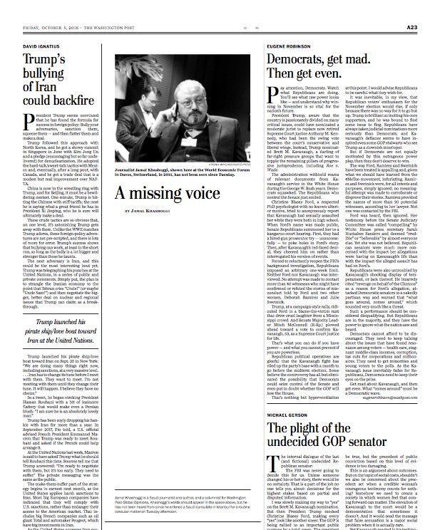 The paper published a stark, blank block in the middle of its opinion pages to protest the disappearance of its Saudi columnist (The Washington Post)