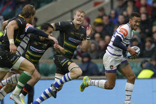 Jordan Olowofela scored Leicester second try in two minutes