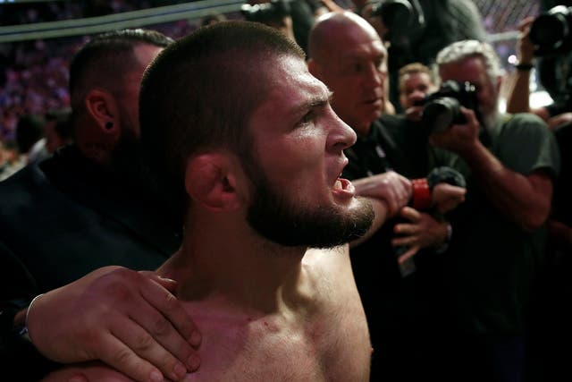 Khabib Nurmagomedov is held back outside of the cage after beating Conor McGregor at UFC 229