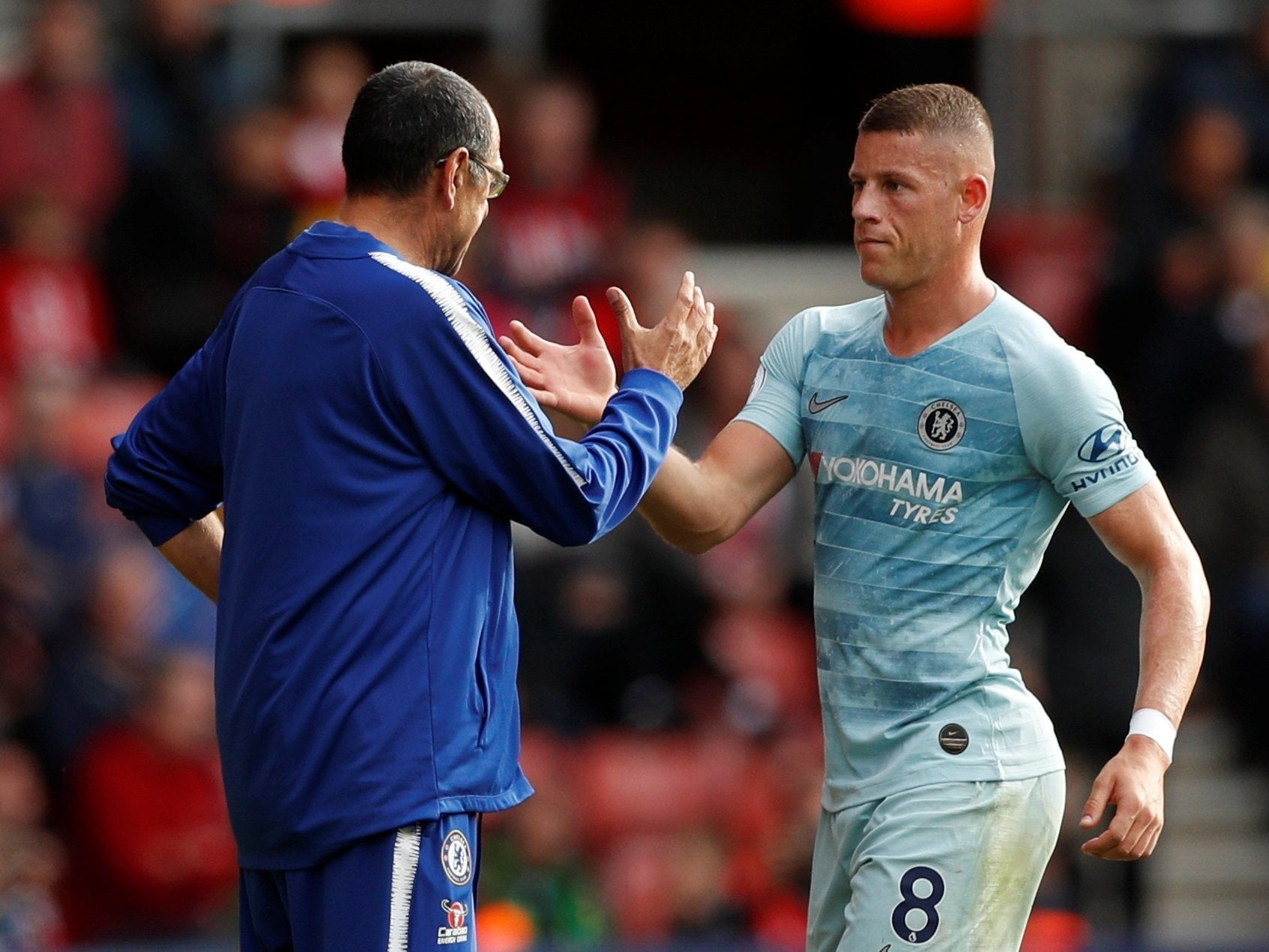 Ross Barkley gets a handshake from his manager