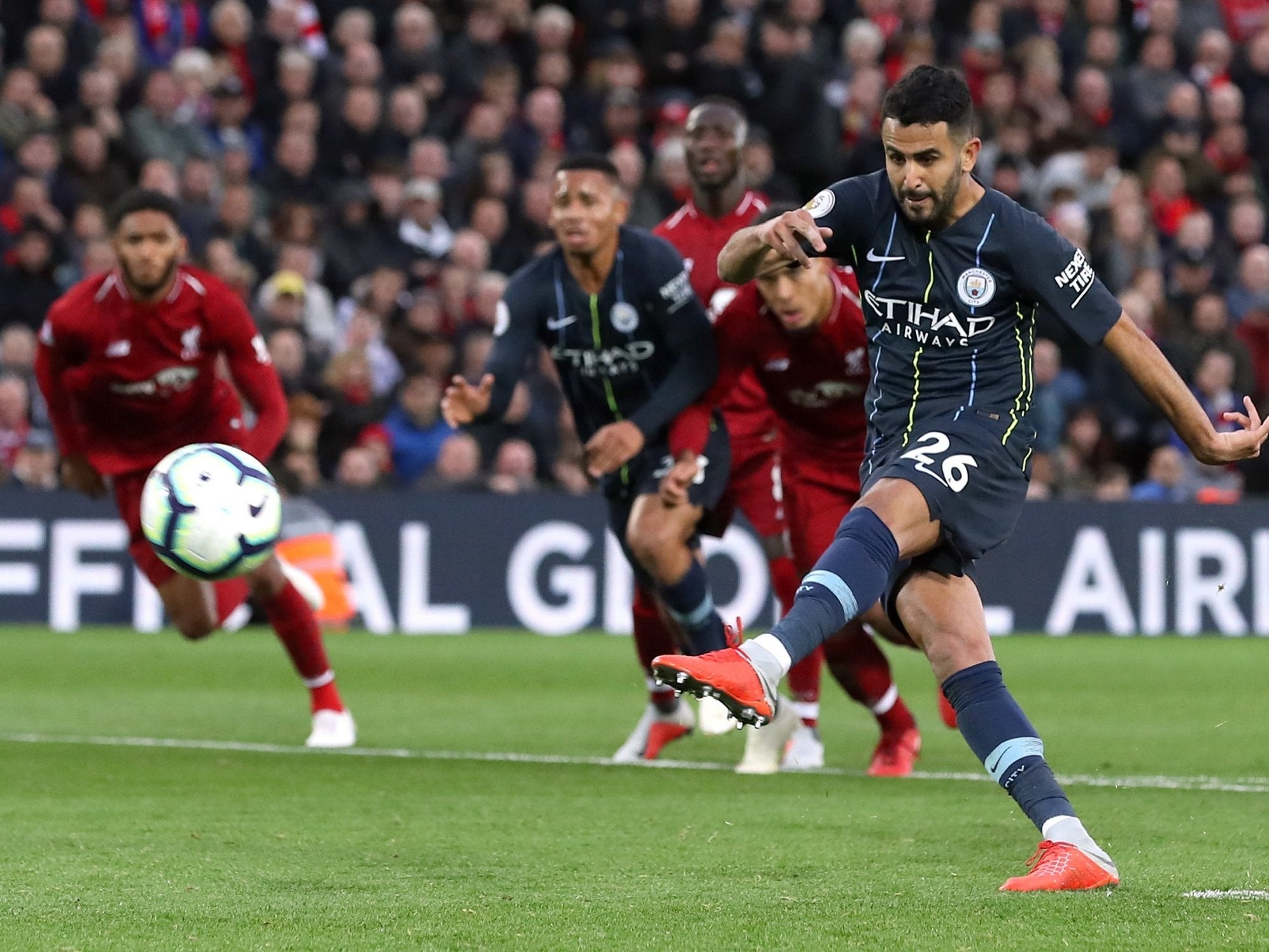 Riyad Mahrez lashes his penalty over the crossbar