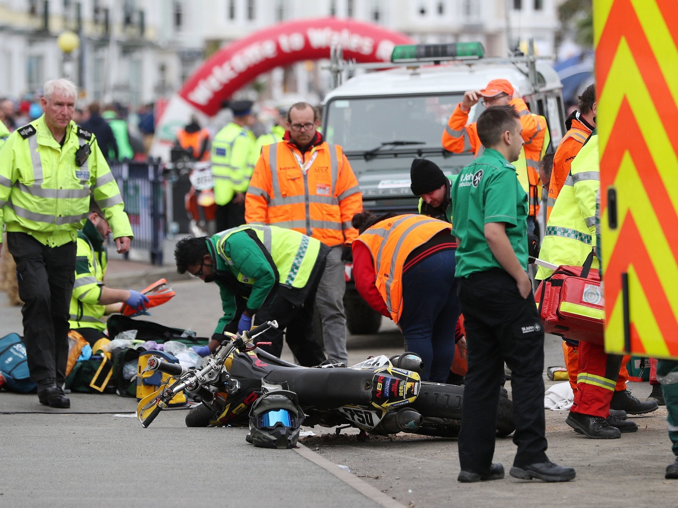 Two stunt bikes crashed on Llandudno promanade during the Wales Rally GB