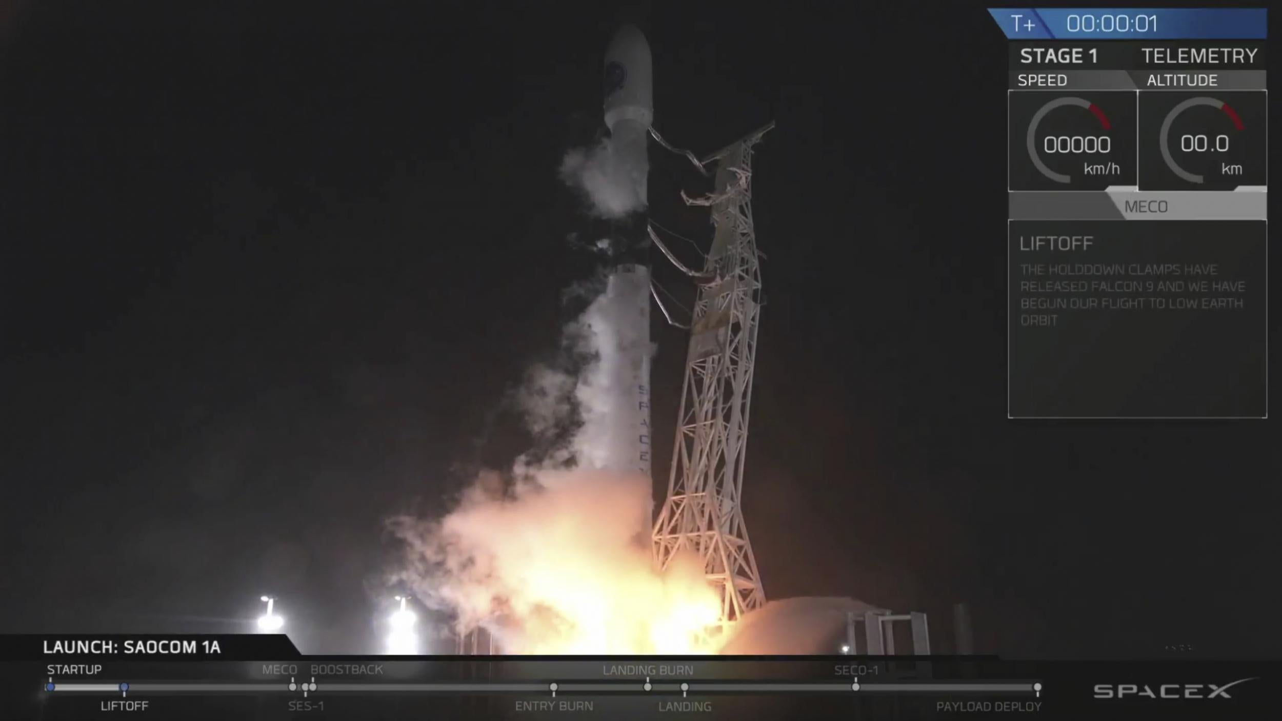 In this image made from video provided by SpaceX, the Falcon 9 rocket carrying an Argentinian satellite blasts off from the Vandenberg Air Force Base launch site, northwest of Los Angeles on 7 October 2018.