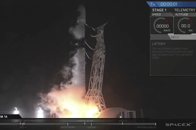 In this image made from video provided by SpaceX, the Falcon 9 rocket carrying an Argentinian satellite blasts off from the Vandenberg Air Force Base launch site, northwest of Los Angeles on 7 October 2018.