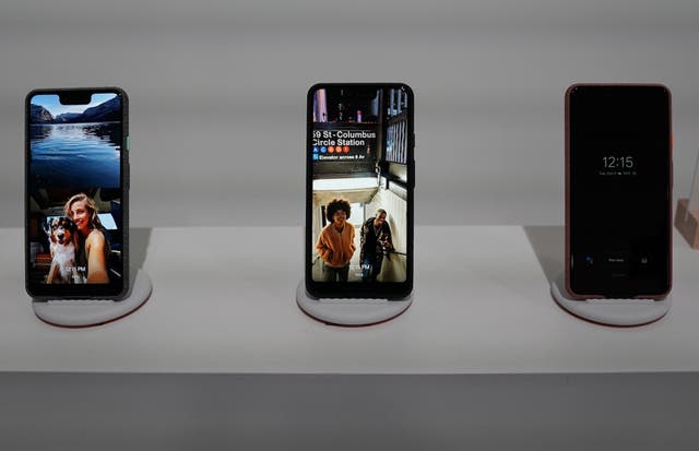 The Google Pixel 3 phone is on display during the official launch of the new Google Pixel 3 and 3 XL phone at a press conference in New York on October 9,2018