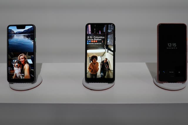 The Google Pixel 3 phone is on display during the official launch of the new Google Pixel 3 and 3 XL phone at a press conference in New York on October 9,2018