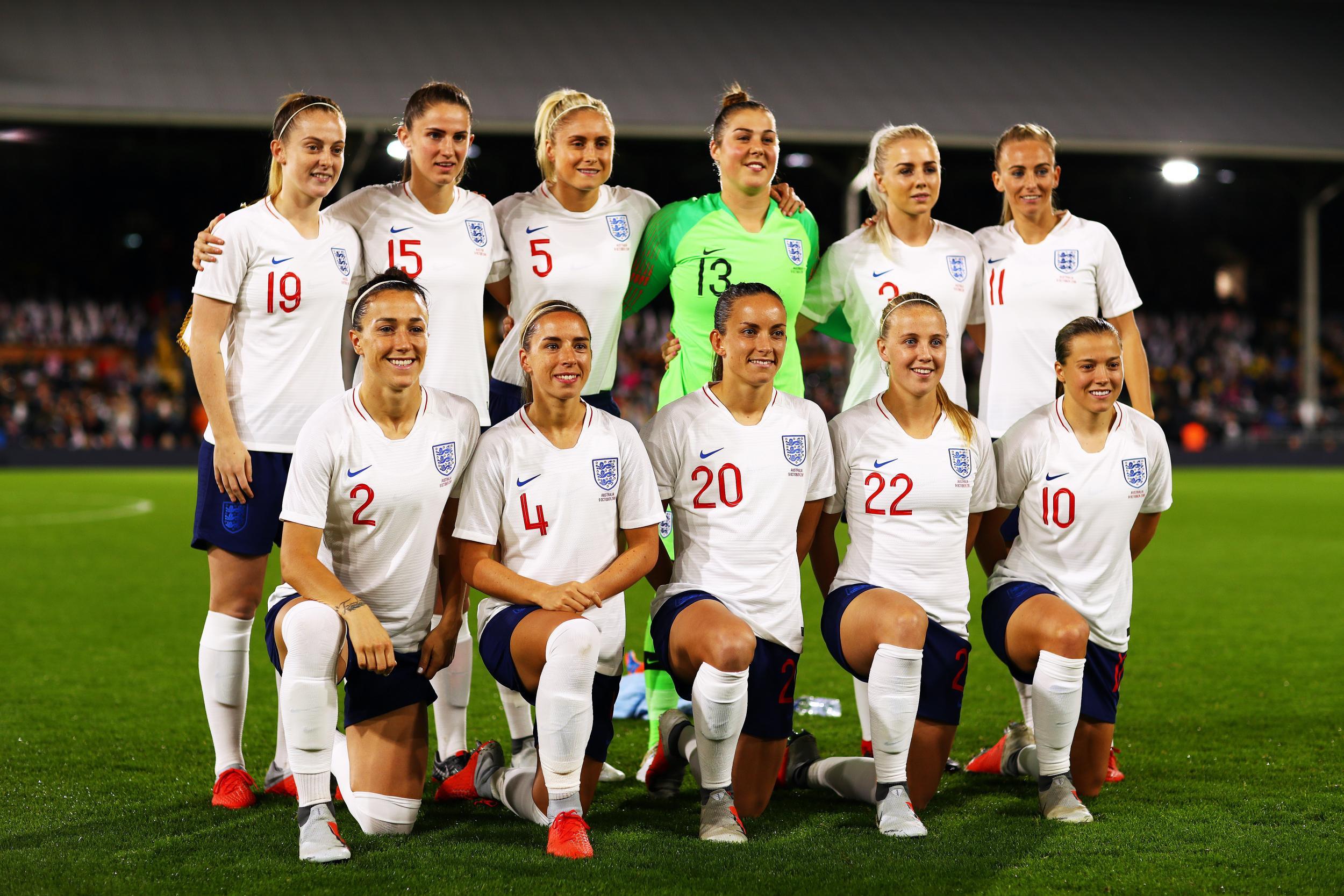 England Women pose for a team photograph ahead of the International Friendly match between England Women and Australia at Craven Cottage on October 9, 2018 in London, England