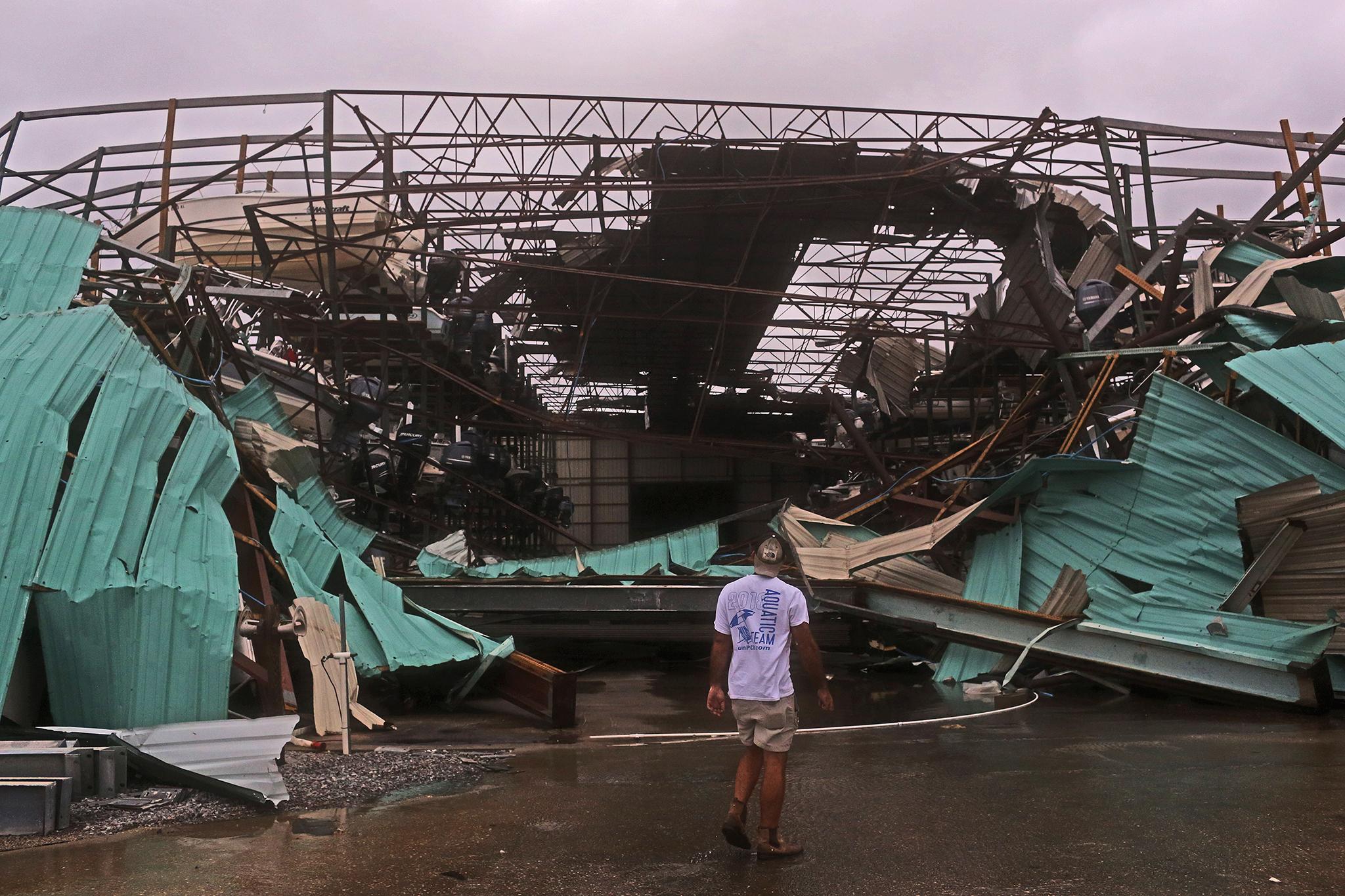 A collapsed boat housing sits after the arrival of Hurricane Michael in Panama City