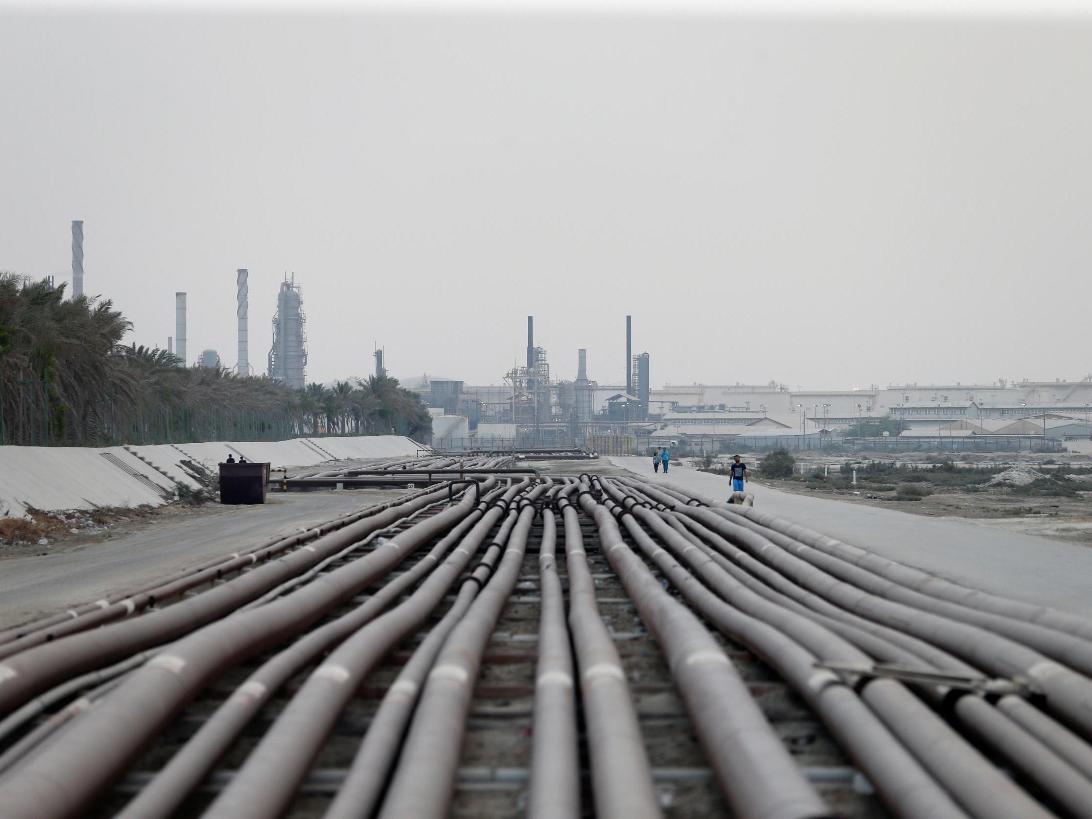 Pipelines at a Bahrain Petroleum Company's refinery in Sitra