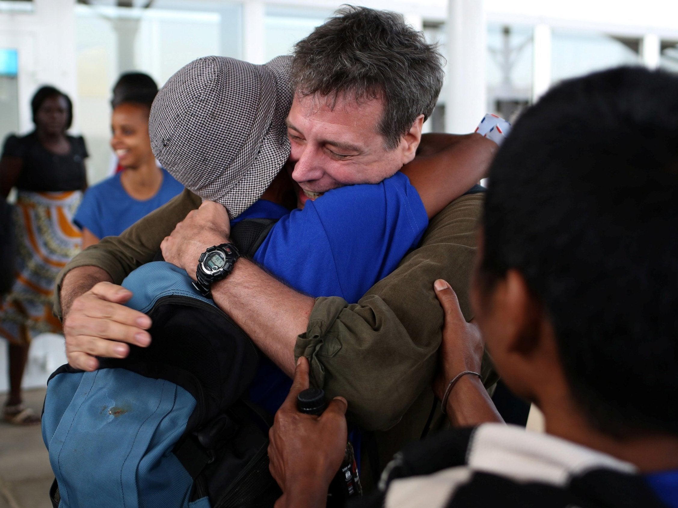 The writer greets a sailor in Kenya – part of a group of hostages, held for four years, who had been released in 2016