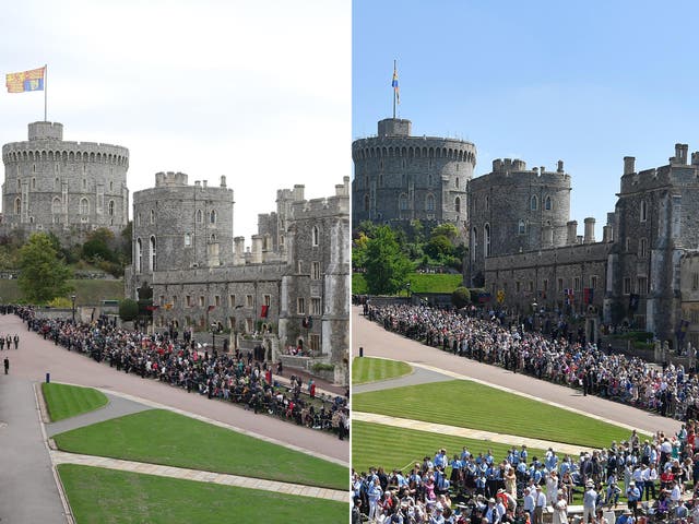 The crowds in Windsor Castle's lower ward for Princess Eugenie's nuptial, left, compared to those for Prince Harry and Meghan Markle in May