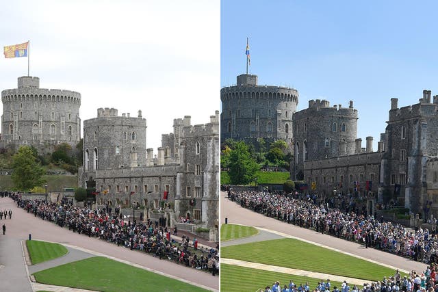The crowds in Windsor Castle's lower ward for Princess Eugenie's nuptial, left, compared to those for Prince Harry and Meghan Markle in May