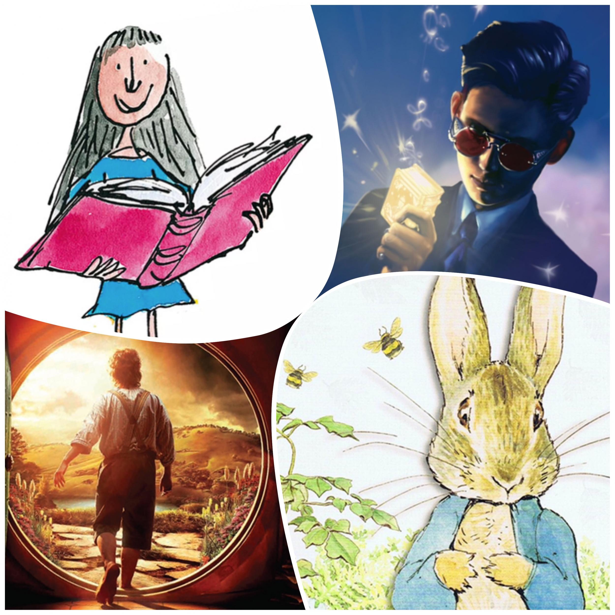 Clockwise from top-left: Matilda, Artemis Fowl, Peter Rabbit, The Hobbit