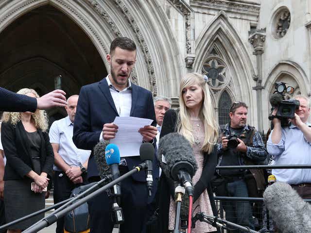 Charlie Gard's parents Chris Gard and Connie Yates speak to the media outside the High Court, London, after they ended their legal fight over treatment for the terminally-ill baby