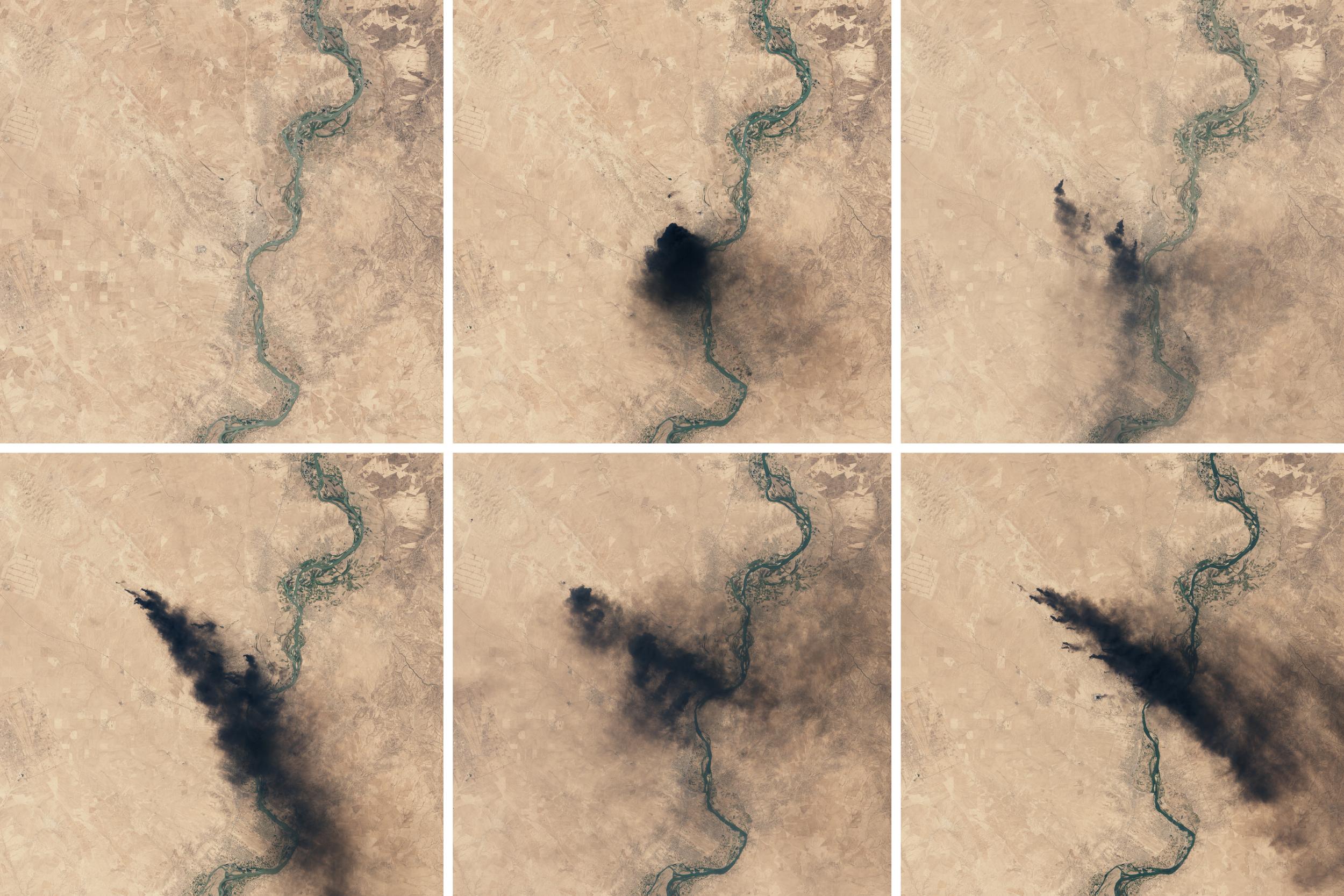 Images from Nasa’s Operational Land Imager on Landsat 8 show dense smoke plumes from burning oil fields south of Mosul (Nasa)