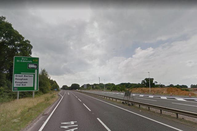The A14 westbound carriageway near Rougham, Suffolk, was closed for several hours
