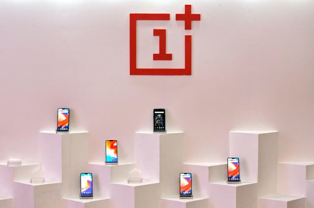 OnePlus mobile phones are seen on display during a press briefing in Mumbai, India, July 31, 2018