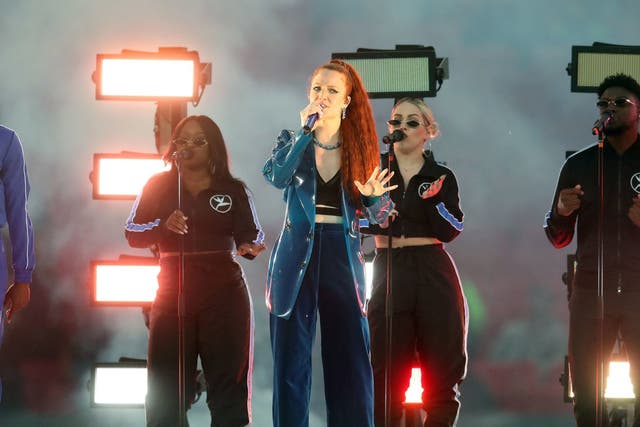 Singer Jess Glynne performs prior to kick-off during the International Series NFL match at Wembley