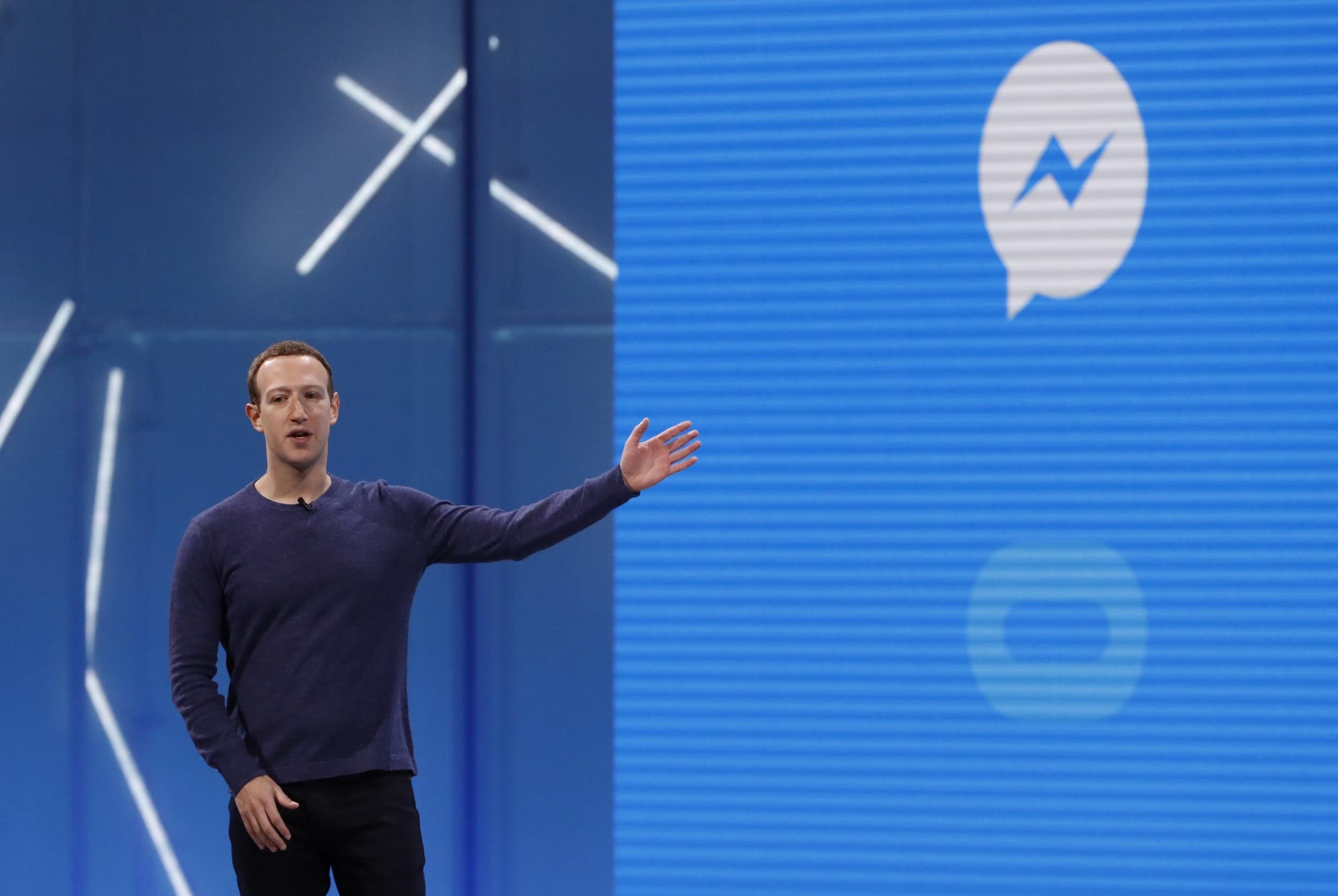 Facebook CEO Mark Zuckerberg speaks about Messenger at Facebook's F8 conference in California, May 1, 2018