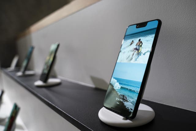 The new Google Pixel 3 XL smartphone is displayed during a Google product release event, October 9, 2018 in New York City
