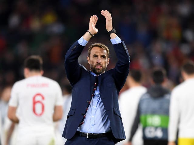 Gareth Southgate manager of England celebrates victory