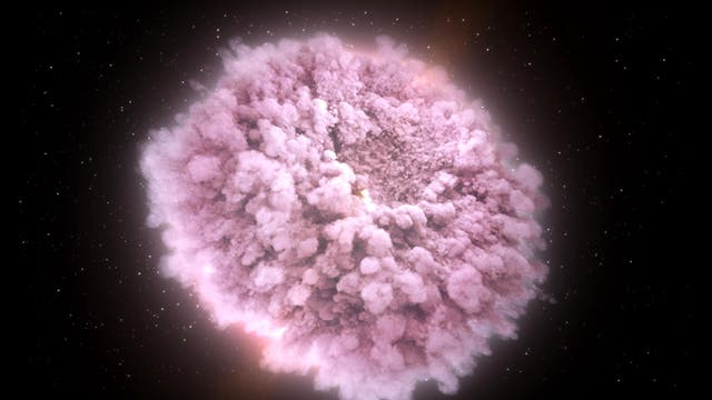 This illustration shows the hot, dense, expanding cloud of debris stripped from two neutron stars just before they collided. Within this neutron-rich debris, large quantities of some of the universe's heaviest elements were forged, including hundreds of Earth masses of gold and platinum