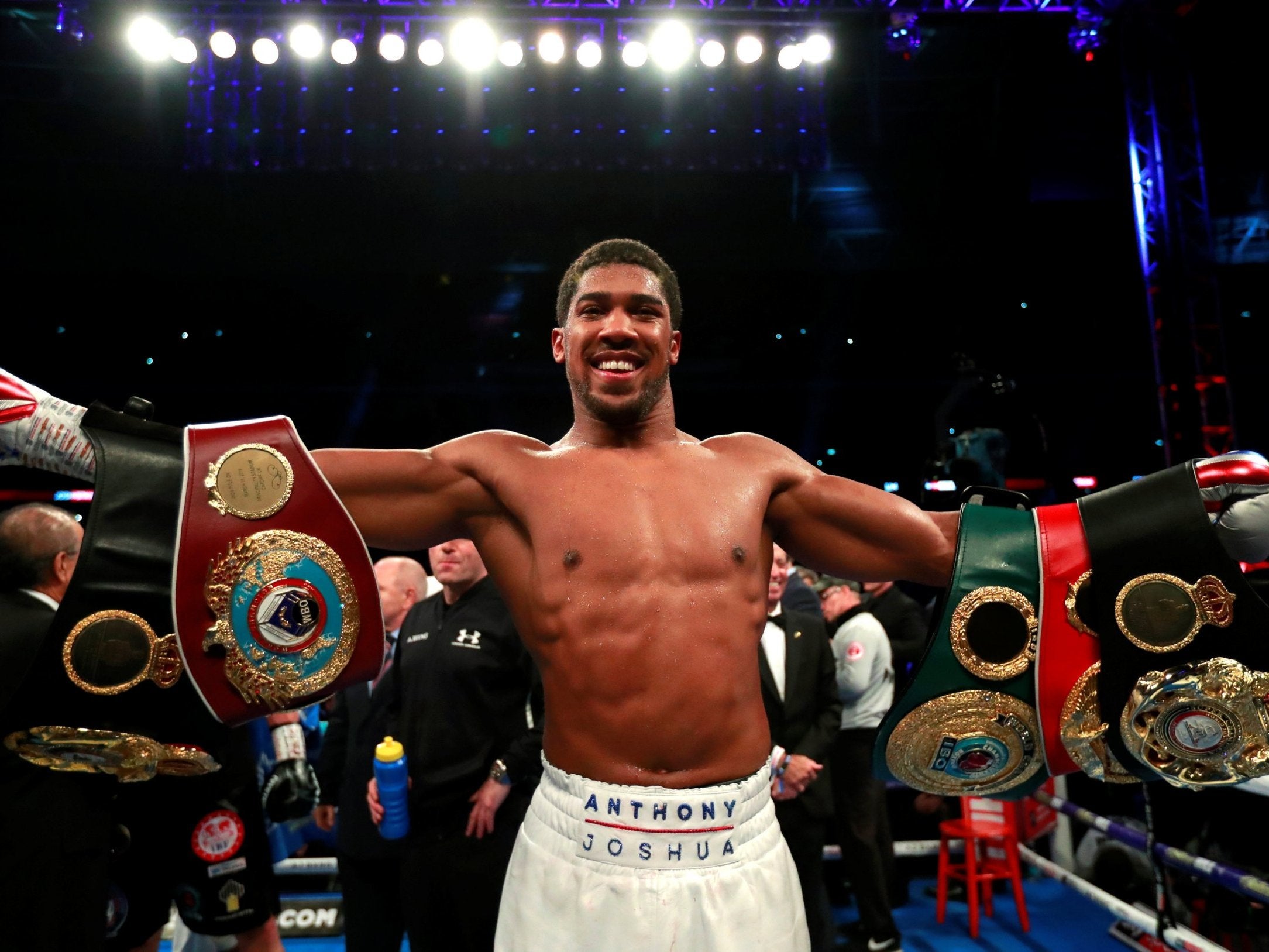 Anthony Joshua celebrates his win against Alexander Povetkin