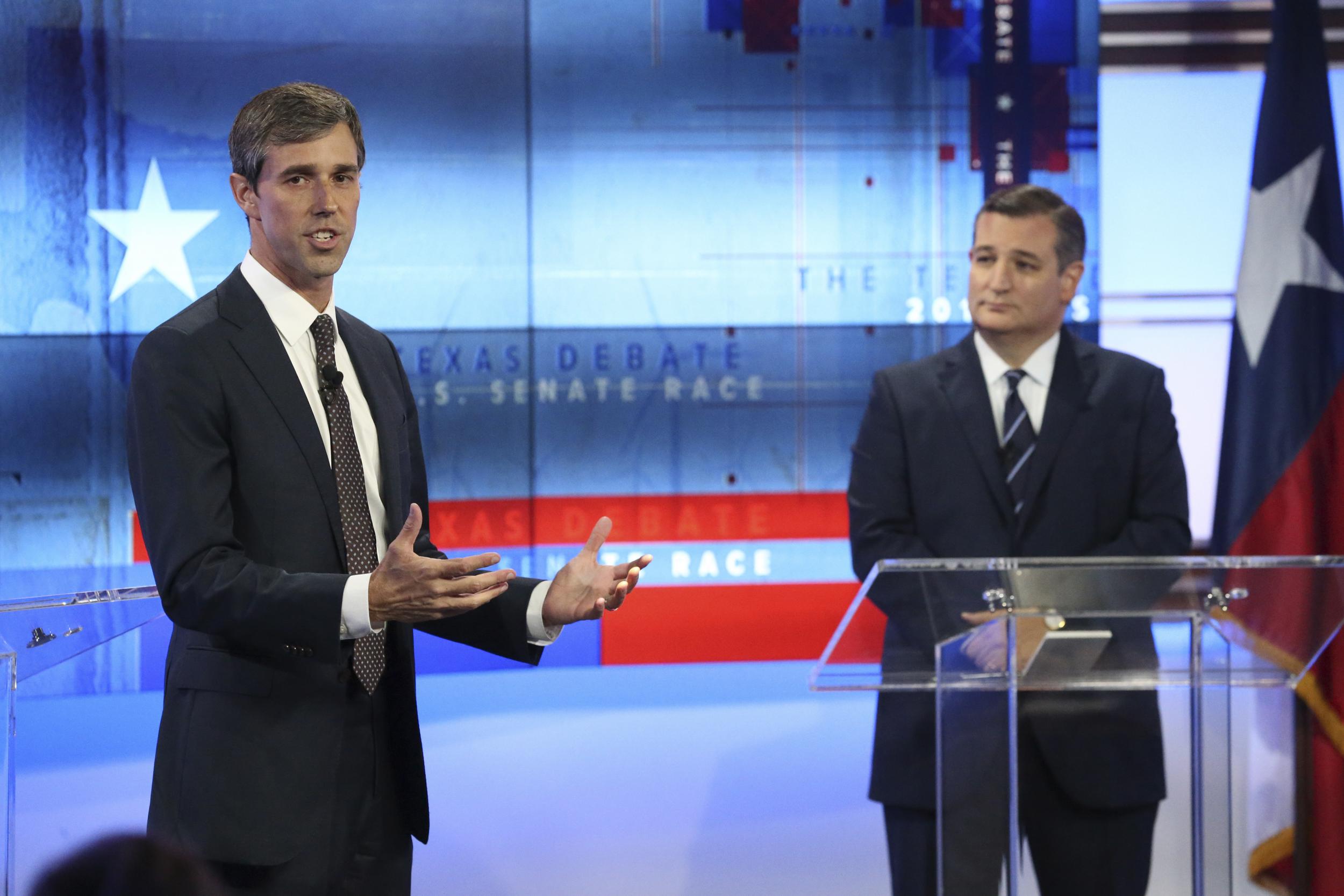 Beto O'Rourke and Ted Cruz take part in a debate for the Texas US Senate, Tuesday, 16 October 2018, in San Antonio