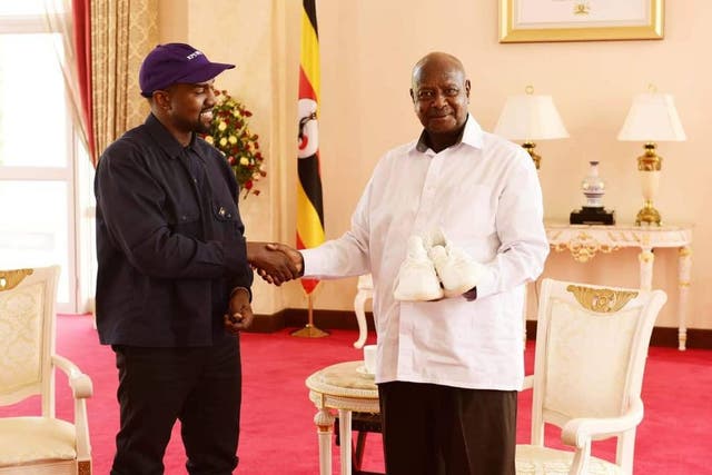 The meeting, which was allegedly to promote Uganda’s tourism and arts industries, saw Kimye gift the president with a pair of Yeezy trainers and pose for photographs