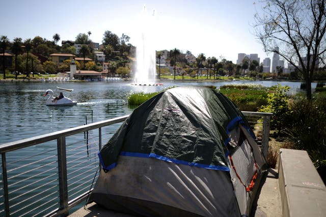A tent next to Echo Park Lake in Los Angeles. where homelessness was declared a state of emergency in 2015