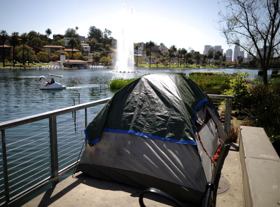 A tent next to Echo Park Lake in Los Angeles. where homelessness was declared a state of emergency in 2015
