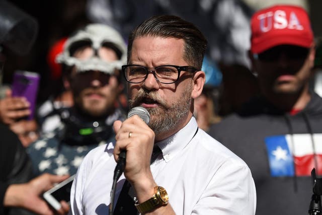 Gavin McInnes addresses a crowd during a conservative rally in Berkeley, California, in April 2017