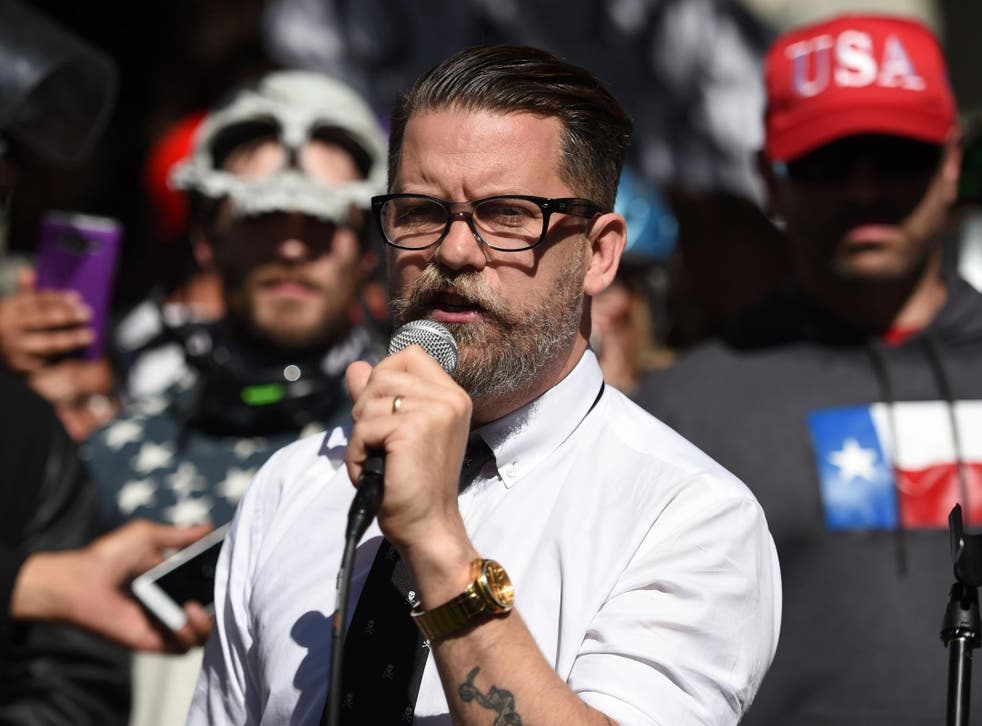 Gavin McInnes addresses a crowd during a conservative rally in Berkeley, California, in April 2017