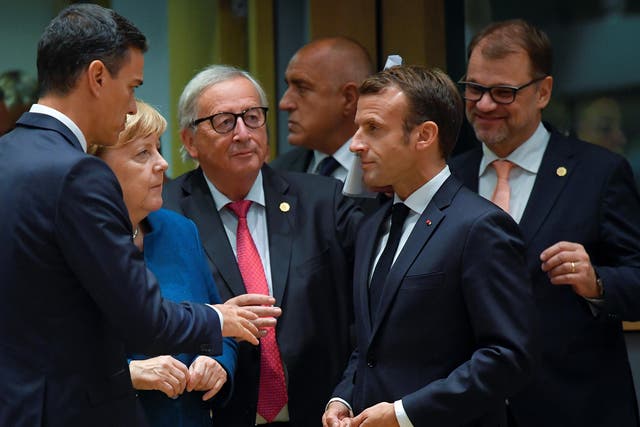 German Chancellor Angela Merkel, French President Emmanuel Macron, European Commission President Jean-Claude Juncker, Spain's Prime Minister Pedro Sanchez and Finland's Prime Minister Juha Sipila at the EU summit in Brussels