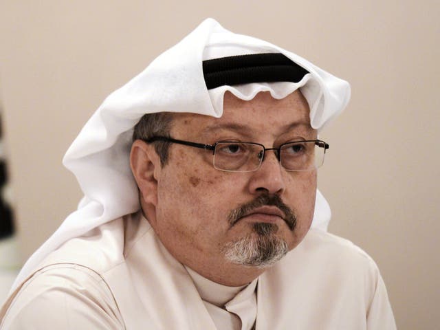 Jamal Khashoggi looks on during a press conference in the Bahraini capital Manama, on 15 December, 2014