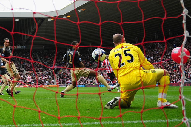 Liverpool goalkeeper Pepe Reina is pictured conceding a goal against Sunderland