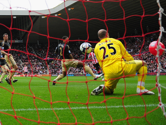 Liverpool goalkeeper Pepe Reina is pictured conceding a goal against Sunderland