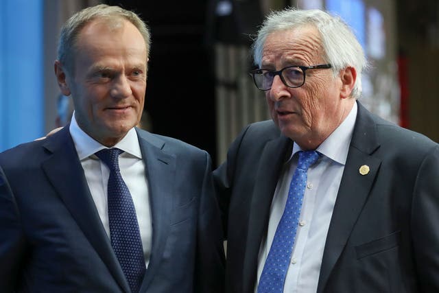 Donald Tusk, here with Jean-Claude Juncker on the right, was seen gesturing dramatically