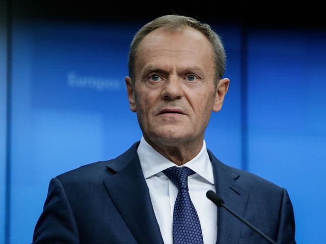 European Council President Donald Tusk addresses a press conference on the sidelines of a EU summit at the European Council in Brussels.